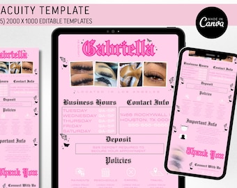 May include: A digital Acuity template set featuring five editable pink layouts for lash services. The design includes the text Gabriella, business hours, contact info, deposit requirements, and policies, decorated with small butterfly graphics.