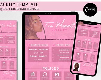 May include: A digital marketing template set for Acuity featuring a pink color scheme with glitter accents. The design includes sections for business hours, contact info, and policies, displaying the text Tina Maxwell Artistry and Made in Canva.