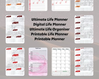 May include: A digital planner with a gray and white background. The planner includes pages for daily, weekly, and monthly planning. The text "Ultimate Life Planner", "Digital Life Planner", "Ultimate Life Organizer", "Printable Life Planner", and "Printable Planner" is displayed on the page.