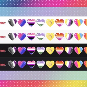 May include: Four rows of colorful heart-shaped icons representing different sexual orientations and gender identities. Each row has the text "Username:" in red.