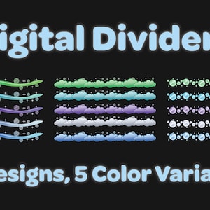 May include: Digital graphic assets labeled Digital Dividers and 3 Designs, 5 Color Variants. The image displays three sets of horizontal line dividers in green, teal, purple, white, and blue, featuring wavy lines, cloud shapes, and circular patterns.