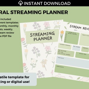 Op de afbeelding: Een printbare streamingplanner met een bloemenmotief. De omslag heeft een witte achtergrond met een herhalend patroon van bloemen in roze, geel en groen. De planner bevat een maandelijkse, wekelijkse en stream review sectie. De tekst "STREAMING PLANNER" staat in een lichtgrijze box.