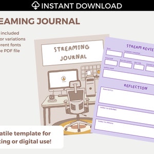 Op de afbeelding: Een afdrukbare digitale journal-sjabloon voor streamers. De omslag toont een cartoonillustratie van een bureau met een computer, een stoel en een kop koffie. Het journal bevat secties voor streambeoordeling, reflectie en notities.