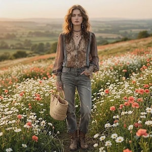 Op de afbeelding: Een blouse met lange mouwen en knoopsluiting met een bruin en beige paisley-patroon, transparante mouwen en ruches aan de manchetten. De blouse wordt gecombineerd met een grijze distressed jeans, bruine leren enkellaarsjes en een rieten tas.
