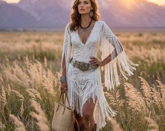 Boho Lace Fringe V-Neck Dress: Asymmetrical Hem, Long Sleeves, Western Style