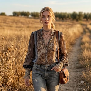 May include: A long-sleeved button-down blouse featuring a brown and tan paisley pattern with lace-trimmed cuffs, paired with grey denim jeans and a brown leather crossbody bag. The blouse has a mandarin collar and a buttoned front placket.