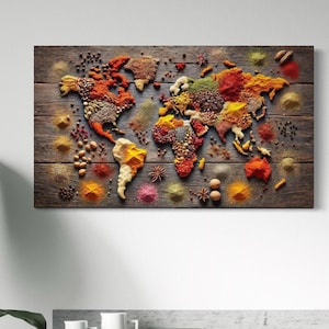 Toile d'art monde épicé, carte du monde faite d'art mural d'épices et d'herbes, décoration de cuisine, de salle à manger ou de café, impression sur toile de restaurant vintage