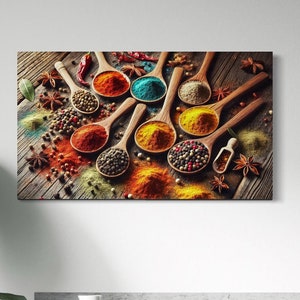 Spicy Table Canvas Art, Tisch aus Gewürzen und Kräutern gemacht, Wandkunst, Küche, Esszimmer oder Café, Vintage Restaurant Leinwanddruck