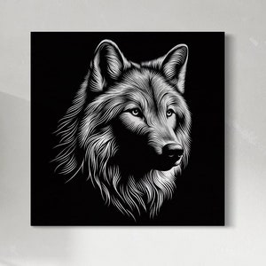Wolf wit op zwarte muur kunst, bos dieren canvasafdruk, wildlife vintage thuis/kantoor decor, moderne minimalistische wolf kunst print, eenvoudige lijnen