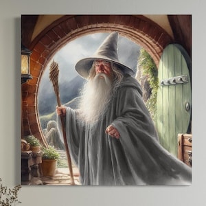 WATERCOLOR CANVAS ART &quot;Gandalf suspects something&quot; Tolkiens Middle-earth fans wall art, Fantasy canvas print of Gandalf the Grey at Bag End