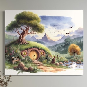 SHIRE CANVAS PRINT &quot;Bag End with Frodo&quot; Tolkien Fans Wall Art, Middle-earth Peaceful Canvas Print, The Shire Watercolour Painting Home Decor