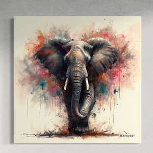 ELEFANTE EN LIENZO "La Alegría del Gigante". Impresión abstracta de lujo sobre lienzo de animales africanos, arte mural de mamíferos de gran tamaño, decoración moderna para el hogar y la oficina.