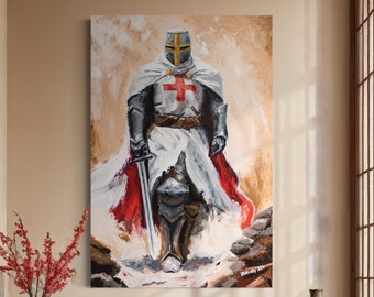 May include: A painting of a knight in white armor with a red cross on his chest. He is holding a sword and standing on a rocky surface. The background is a cloudy sky.