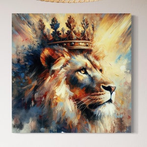 Art mural Le Roi lion, Lion moderne avec couronne dorée, peinture à l&#39;huile sur toile, motif abstrait moderne avec le roi de la jungle comme décoration d&#39;intérieur