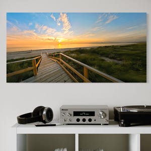 Sunset Beach Wall Art – Coastal Boardwalk Print for Cozy Home Decor