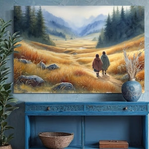 WATERCOLOR CANVAS ART &quot;Frodo and Sam leaving Shire&quot; Fantasy wall art from Middle-earth, Tolkiens fans canvas print of adventurous Hobbits