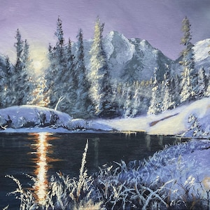 ORIGINAL ACRYLIC PAINTING &quot;Morning in the mountains&quot;, hand-made ready to hang painting, snowy Alpes in winter, mountain lake in sunrise
