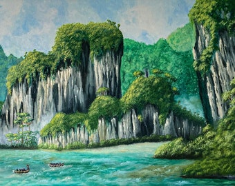 PEINTURE À L'HUILE ZLATOVSKY « New Bay », oeuvre d'art originale représentant la nature tropicale des Caraïbes avec de hautes montagnes et des forêts tropicales, paysage turquoise