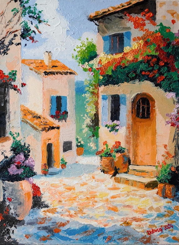 Original Italian Village Oil Painting: Mediterranean Impasto Art