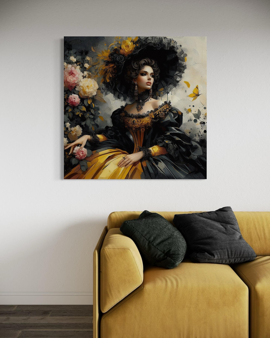 Victorian Lady Canvas Print: Vintage Elegant Black and Yellow Dress ...