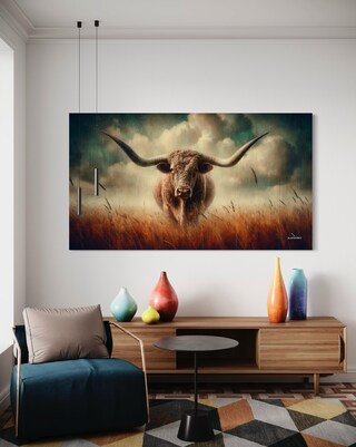 Stampa Su Tela Con Mucca Texas Longhorn - Quadro Decorativo Western Per Soggiorno, Camera Da Letto, Regalo Per Amanti Dell'Arte Occidentale