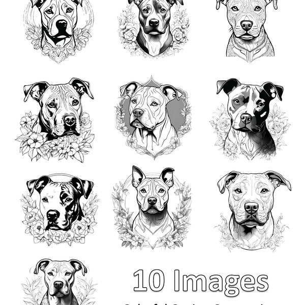 Colorful Canine Companions: Pitty Portraits Book 3 | 10 Pages | Coloring Pages | Printable | Adult coloring sheets| Adult Coloring Book