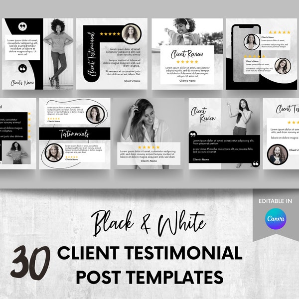 Social Media Client Review Templates / Fully Customizable Client Testimonial Post Templates / Luxury Black and White Monochrome Design