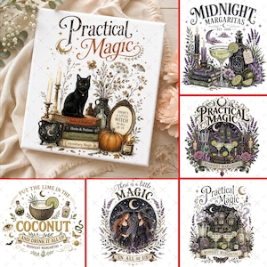 Puede incluir: Una colección de seis impresiones rectangulares con ilustraciones de gatos negros, brujas, calabazas y elementos botánicos. Los diseños incluyen textos como Practical Magic, Midnight Margaritas y There is a little magic in all of us.