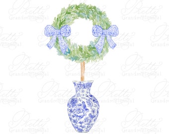 Double bow chinoiserie wreath boxwood, topiary boxwood wreath, watercolor wreath boxwood, grandmillennial, chinoiserie vase boxwood