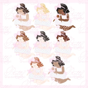 Grandmillennial Girl with Doll Clipart, Floral Bubble (PNG Digital Download)