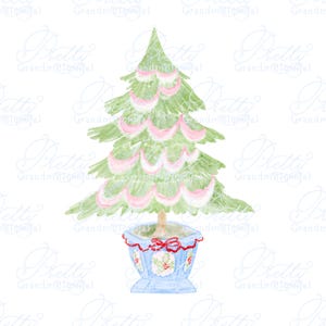 Clipart de árbol de Navidad, árbol de Navidad de acuarela, clipart de acuarela de Navidad, maceta chinoiserie, clipart de boj, árbol de clipart de Navidad