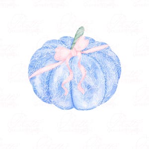 Watercolor blue pumpkin with bow, grandmillennial clipart, watercolor pumpkin clipart, blue pumpkin, pink bow clipart, fall clipart