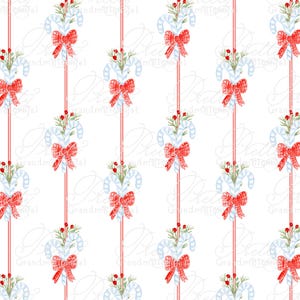Christmas Watercolor Candy Canes & Gingham Bows, Candy cane pattern, watercolor candy canes, Christmas pattern, grandmillennial pattern