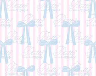 Preppy coquette pattern, grandmillennial bows pattern, seamless pattern, stripes pattern, commercial use pattern, blue and white pattern
