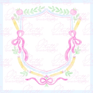 Watercolor back to school crest, apple crest, watercolor crest, double bow crest, grandmillennial crest, preppy school crest, pencil crest