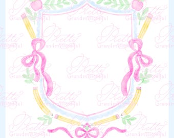 Watercolor back to school crest, apple crest, watercolor crest, double bow crest, grandmillennial crest, preppy school crest, pencil crest