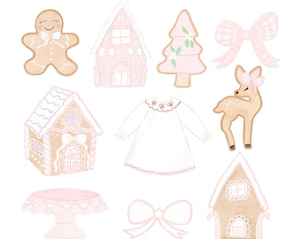 Cute gingerbread house clipart, gingerbread cookie clipart, grandmillennial clipart, watercolor gingerbread house clipart,pink Christmas