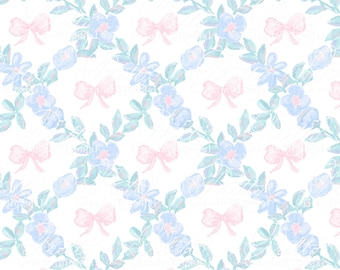 Bows and Flower Trellis Seamless Pattern, seamless pattern, bow pattern, seamless pattern flowers, grandmillennial patterns, trellis pattern