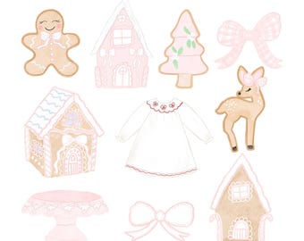 Cute gingerbread house clipart, gingerbread cookie clipart, grandmillennial clipart, watercolor gingerbread house clipart,pink Christmas