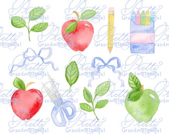 Grandmillennial Back to school clipart, watercolor back to school clipart, apple clipart, watercolor apple clipart, watercolor crayons