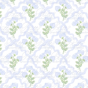 Patroon hortensia hortensia's, hortensia's, aquarel hortensiapatronen, blauwe bloemenprint, Grand Millennial Lane, blauwe latwerklinterie