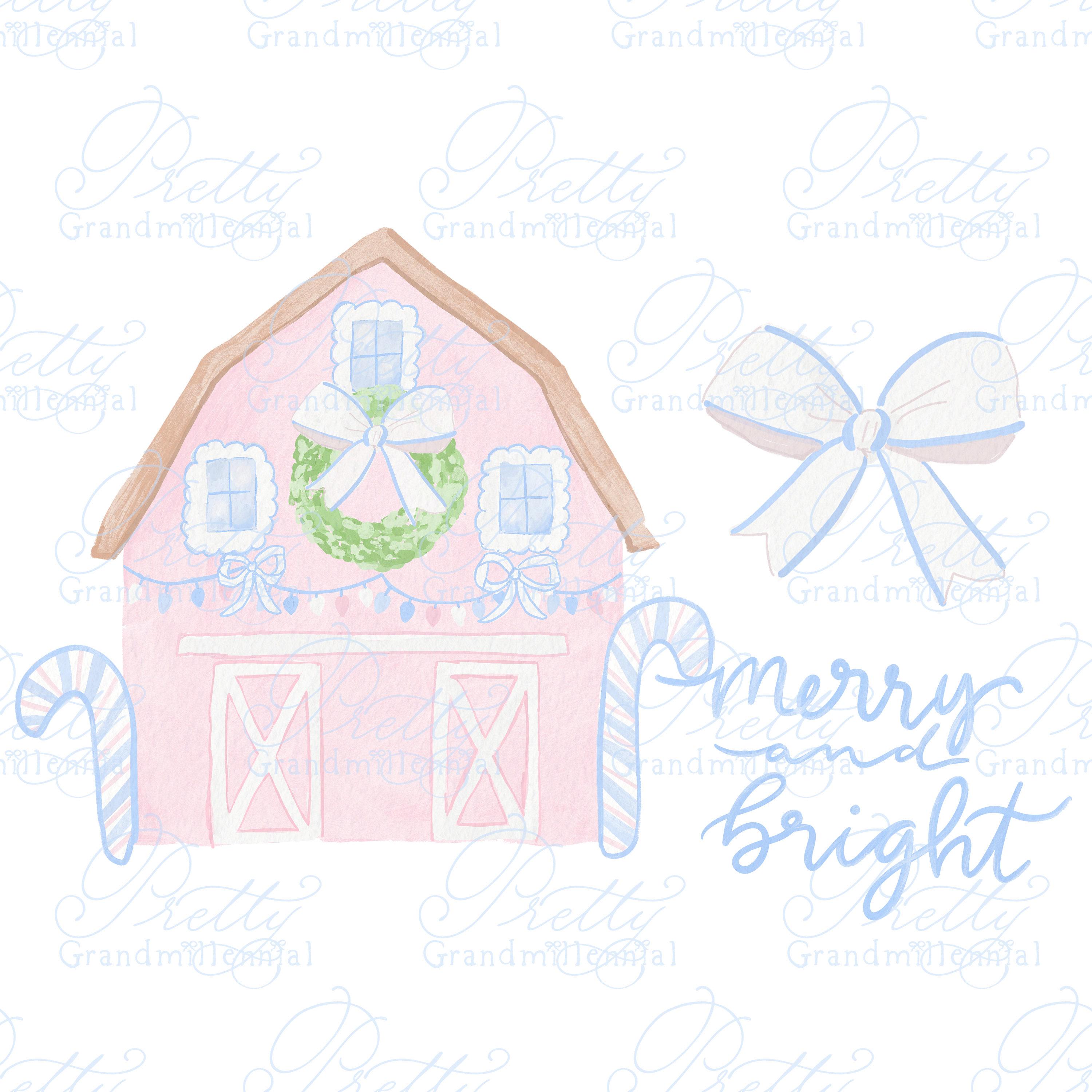 Christmas pink barn clipart, pink barn clipart, Cute barn, southern country Christmas, watercolor clipart, wreath bow, candy canes, clipart