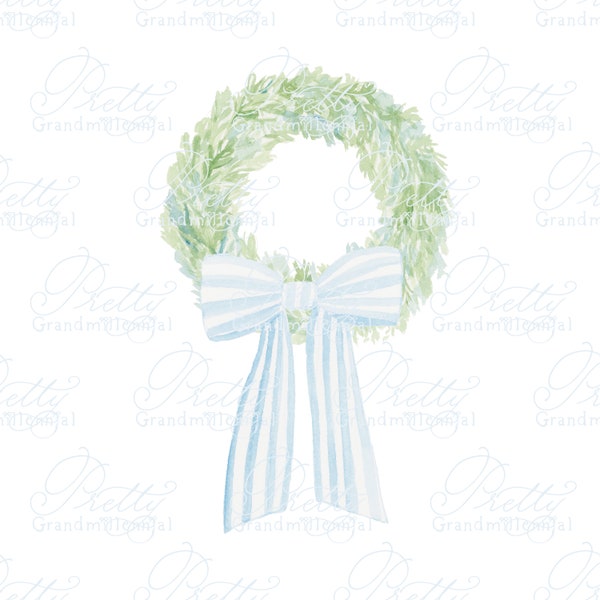 Watecolor wreath, striped bow, bow sash, wreath clipart, blue striped bow clipart, grandmillennial clipart, bow wreath clipart watercolor