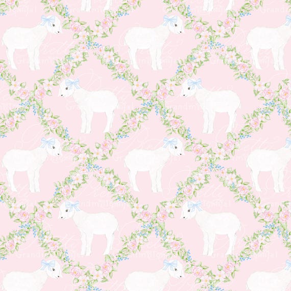 Lamb Floral Trellis Pattern on Pink, spring lamb pattern, watercolor lamb pattern, spring lambs clipart, grandmillennial, commercial use