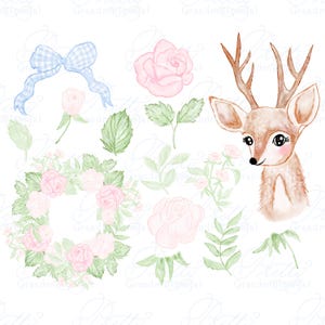 Cute fawn woodland clipart, watercolor fawn clipart, watercolor woodland deer clipart, roses clipart, watercolor roses, grandmillennial