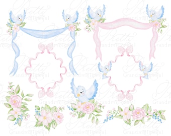 Aquarell Prinzessin Clipart Kit, Aquarell Blumen Clipart, Schleifen Band, Prinzessin Schleifen, grandmillennial, Prinzessin Clipart