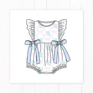 May include: A white baby onesie with a blue and pink floral pattern and blue bows. The onesie has ruffles on the shoulders and a gathered skirt.