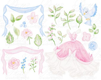 Watercolor Princess Clipart Kit, Watercolor flowers clipart, bows ribbon, princess dress clipart, grandmillennial, princess clipart