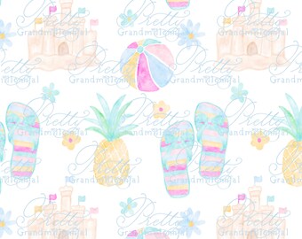 Grandmillennial Summer sandcastle pattern, seamless flip flops beach ball pattern, summer pineapple bows pattern, preppy summer print