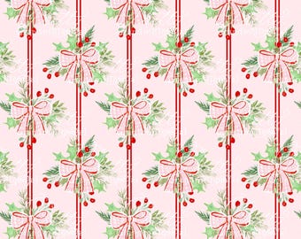 Christmas Berries, gingham bow pattern, Christmas bows pattern, stripes pattern, Christmas pattern, Grandmillennial pattern, berries